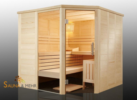 ALASKA Massivholz Saunakabine Mod. Eck 204x204 Fenster links 
